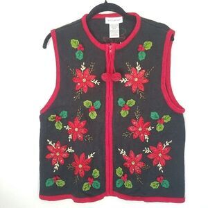Vintage White Stag Poinsettia Beaded Embroidered Zip Christmas Sweater Vest XL
